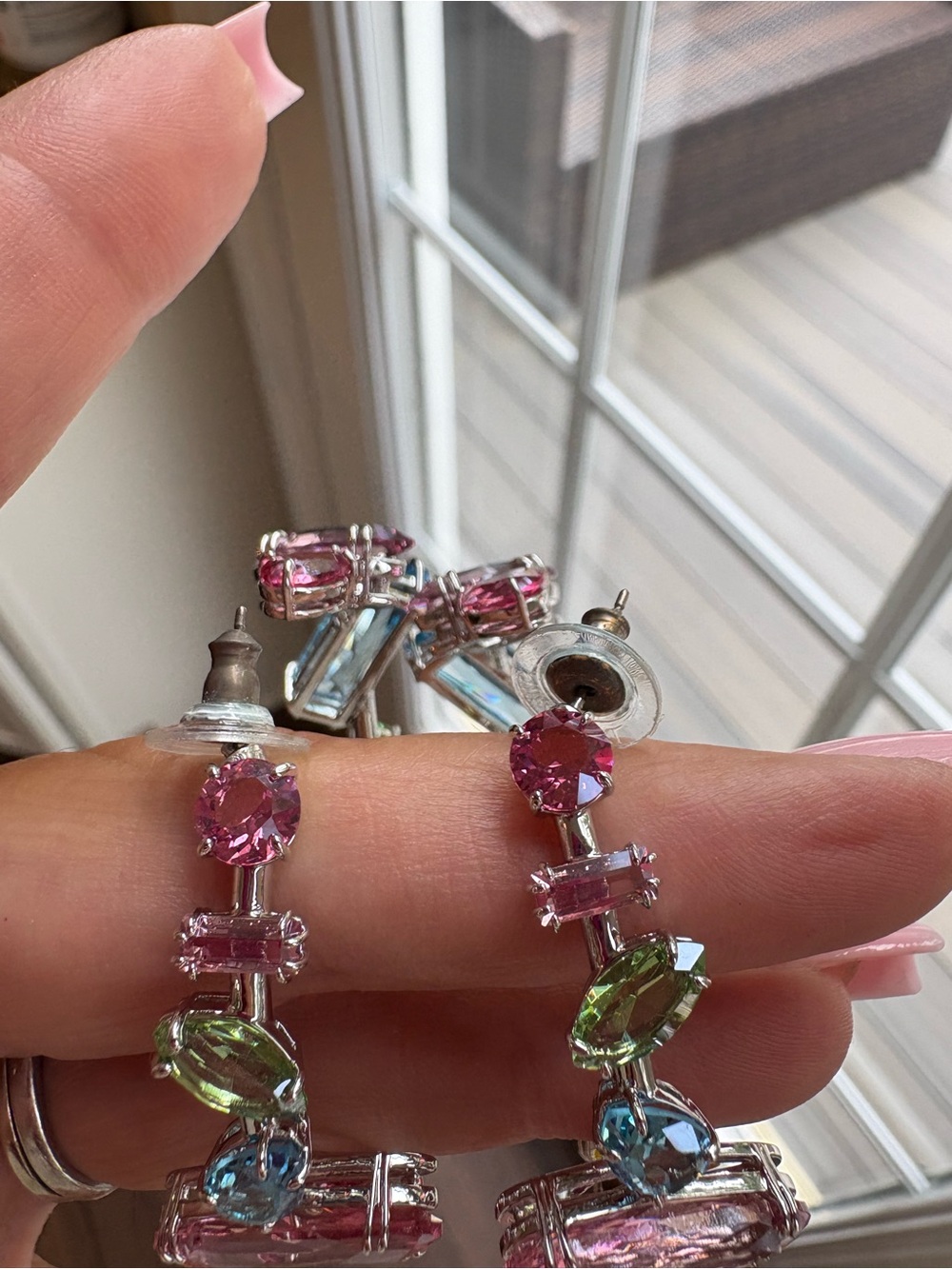 Swarovski Multicolor Crystal Hoop Earrings in Pink, Blue, Green & Yellow - Picture 3 of 10
